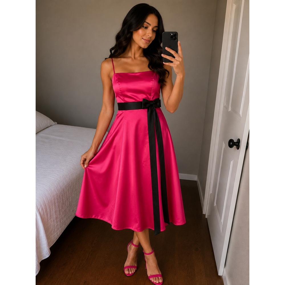Alfred Angelo 2 Fuchsia Black Satin Midi Bridemaid Prom Formal 6133 A-Line Dress